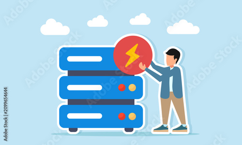 Man Holding Electric Button Near Database Server Illustration Of Designing Server Database Electrical System