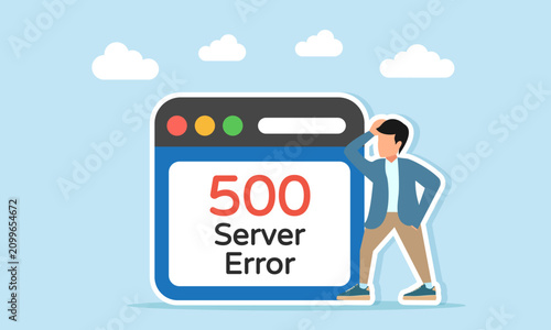 Man Standing Near App Interface Showing Server Error Text Illustration Of Failure In Browsing Server Database Data