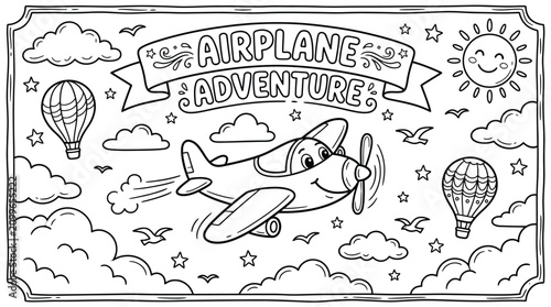 Canvastavla Airplane Adventure Coloring Page: Whimsical Sky Scene with Balloons and Sun