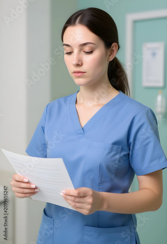 Young female nurse in blue ...