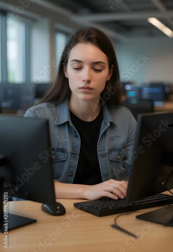 Young woman focused on comp...