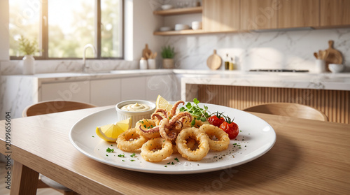 Crispy Fried Calamari with Creamy Aioli and Lemon on White Plate