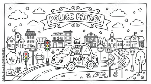 Cuadro en lienzo Cartoon illustration of a police patrol scene in a lively city with cars, buildings and trees