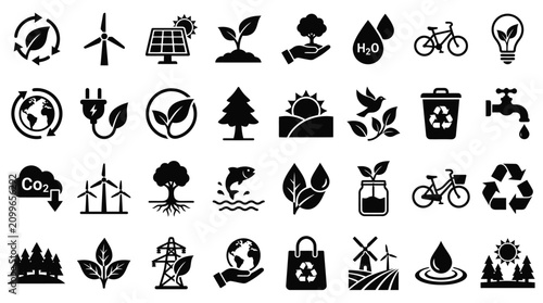 Foto Collection of 32 flat black ecology icons on a white background including wind turbines, solar panels, recycling symbols, leaves, trees, water drops, and sustainable energy symbols