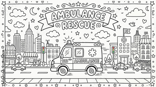 Obraz na płótnie Line art illustration of an ambulance rescue scene in a busy city with paramedics rushing to aid a patient