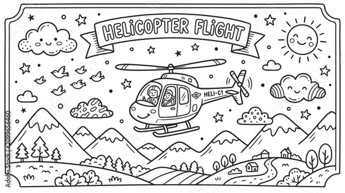 Obraz na plátně Whimsical Helicopter Flight Over Mountain Landscape Banner Illustration