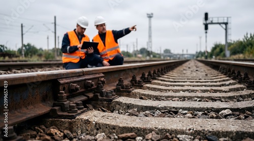 Professional railway engineers in safety vests and hard hats inspecting railroad tracks with a tablet for industrial infrastructure maintenance concept