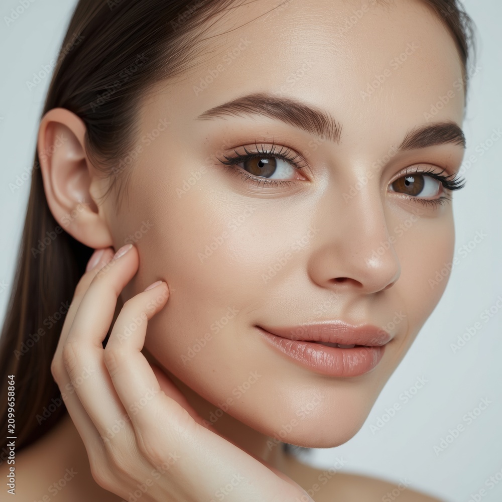 Obraz premium Close-up portrait of a woman with clear skin, natural makeup, and a gentle smile, resting her face on her hand.
