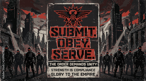 Dystopian propaganda poster featuring armed soldiers standing in a dark industrial cityscape with authoritarian slogans displayed