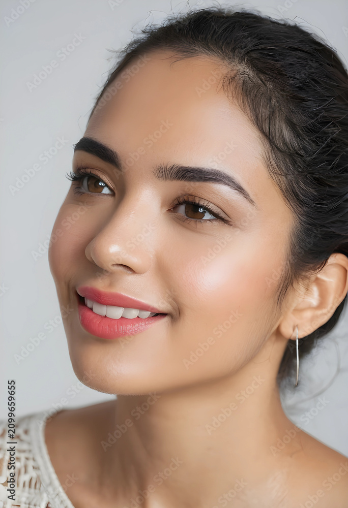 Obraz premium Smiling young woman with natural makeup and healthy skin, beauty and skincare concept, close up portrait
