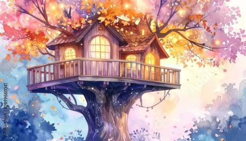 Large whimsical treehouse under a glowing autumn canopy.
