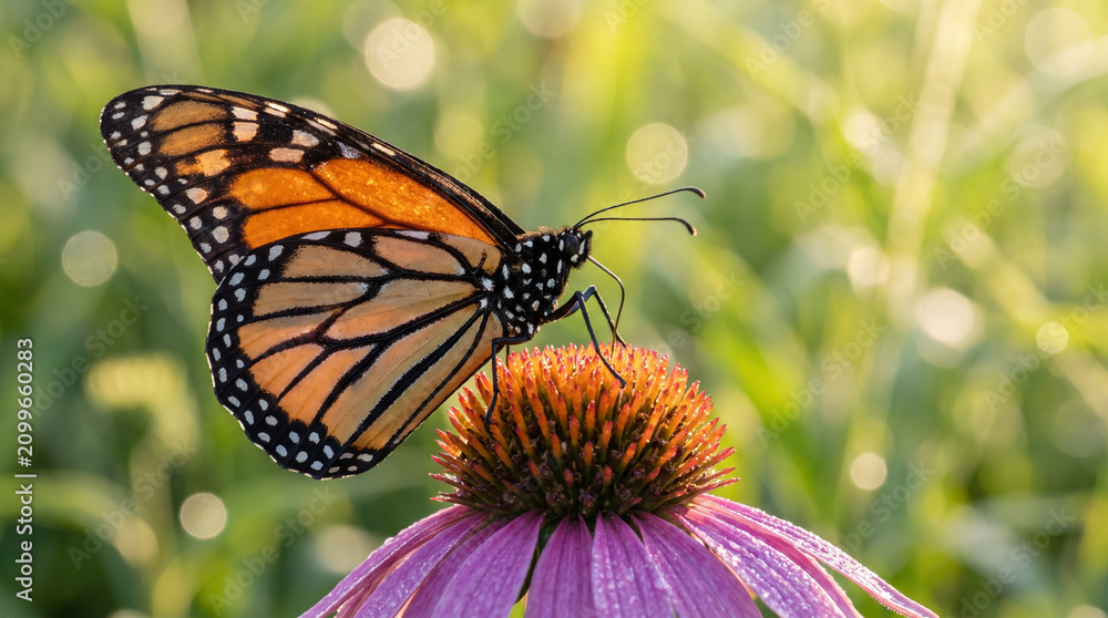 Obraz premium Monarch Butterfly Resting on Purple Coneflower in Meadow