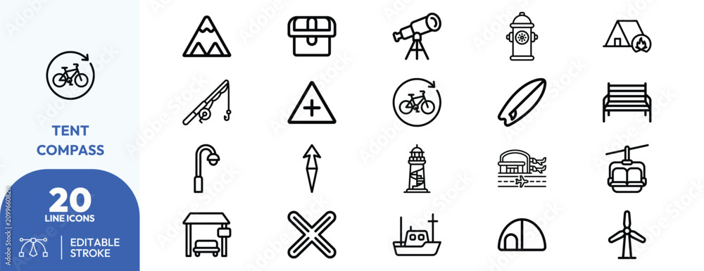 Naklejka premium Adventure Navigation set. Containing directional arrow, warning sign, lighthouse, camping tent, surfboard, telescope, windmill, helicopter, suitcase, fire. Editable stroke. Vector illustration.