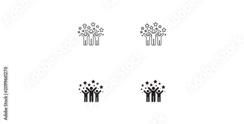 Group of happy people celebrating with stars, vector icon set for success and achievement themes.