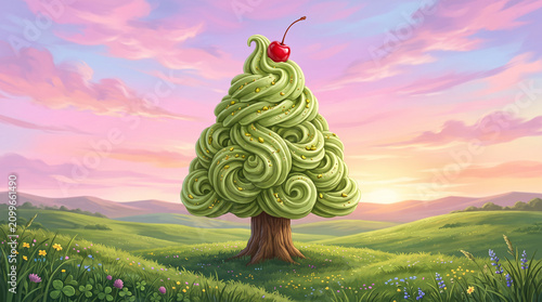 Majestic pine tree made of green pistachio ice cream curls in sunset field