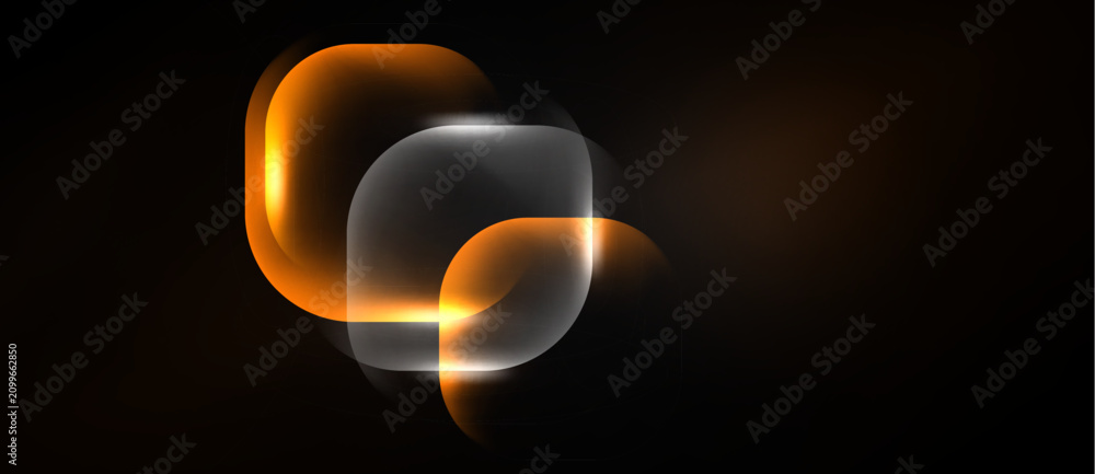 Naklejka premium Abstract design features glowing rounded squares overlapping dark background. Orange, white hues create dynamic visual effect.