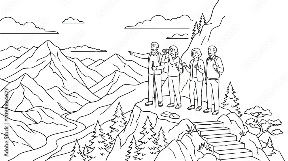 Obraz premium Group of four hikers standing on a mountain peak looking at the view.