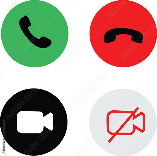 Set of Four Round Interface Buttons for Mobile Communication Applications Featuring Phone and Video Call Symbols