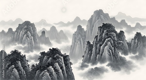 Traditional chinese ink wash painting of misty mountains with mountain, painting