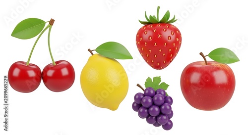Fresh assorted seasonal fruits on white background with strawberry, vitamins
