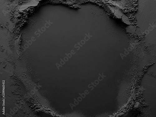 textured black surface with a rough, irregular circular indentation filled with fine black powder, creating a dramatic contrast and depth effect.