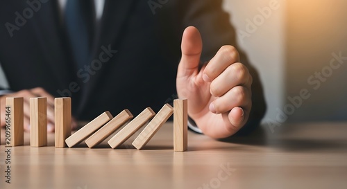 Businessman stopping falling wooden dominoes concept of risk management