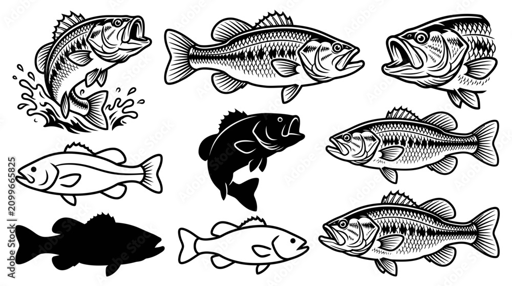 Obraz premium Collection of Bass Fish Illustrations in Various Styles and Poses.