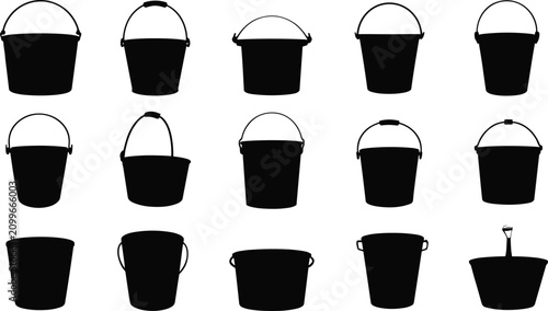 Foto Collection of various black silhouette buckets with handles on a white backgroun