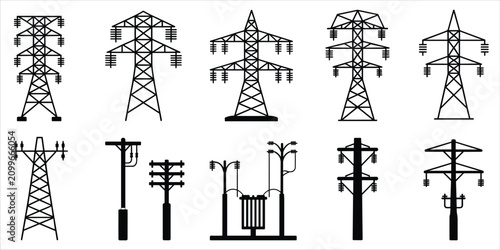 Konstfotografi Diverse collection of black silhouette icons for electricity pylons and utility