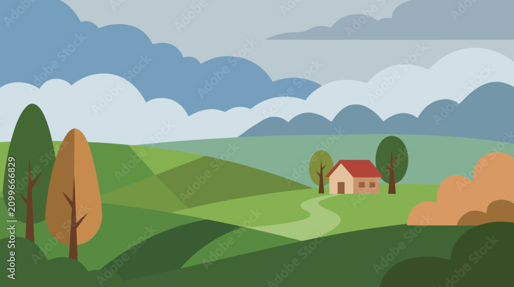 Fototapeta premium House on green rolling hills.