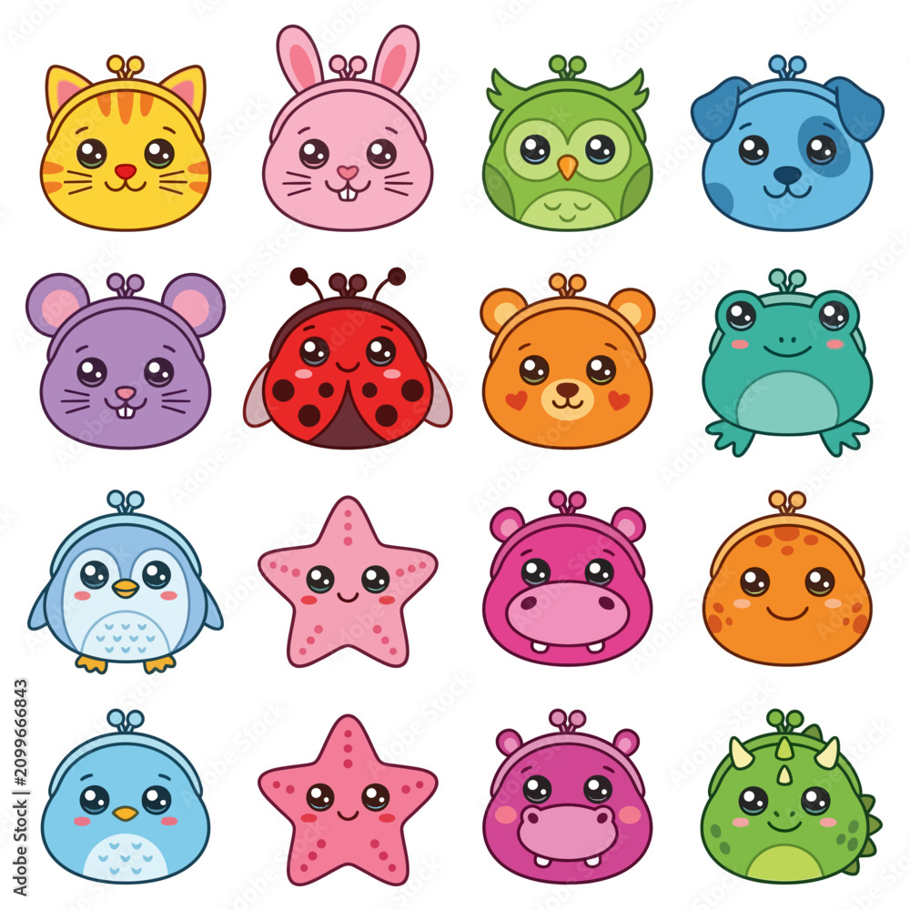 Fototapeta premium Cartoon animal faces icons set.