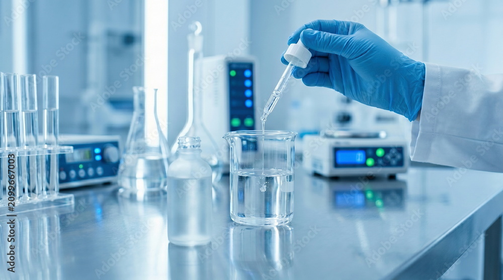 Fototapeta premium Laboratory scientist adding liquid to beaker with dropper in modern research facility for scientific experiment and drug development.