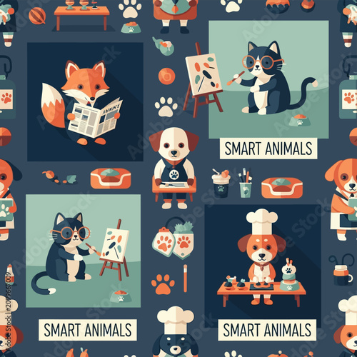 Seamless vector pattern of anthropomorphic smart animals including a fox reading a newspaper, a cat with glasses painting on an easel, and a dog chef cooking on a navy blue background.