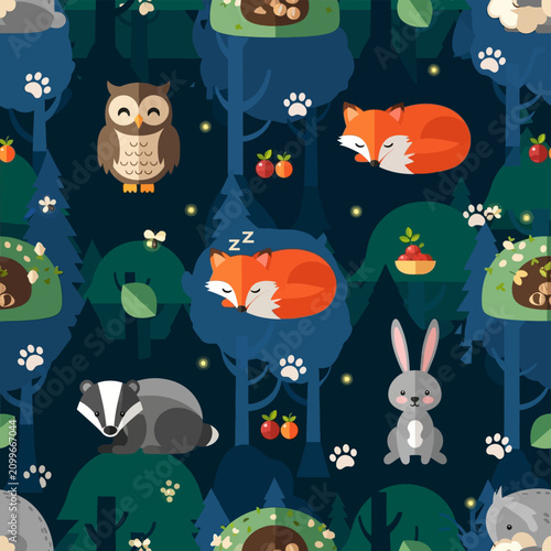 Seamless vector pattern featuring woodland animals like sleeping foxes, owls, badgers, and rabbits in a dark night forest with pine trees, berries, fireflies, and paw print icons.