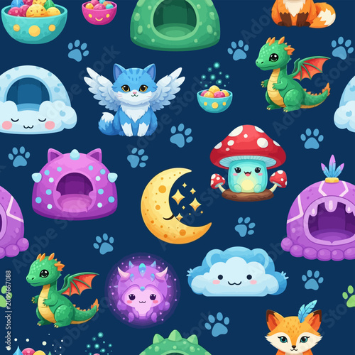 Seamless pattern of kawaii fantasy pets like dragons, winged cats, foxes, and magic mushrooms with moons and paw prints on a dark blue background for nursery textiles.