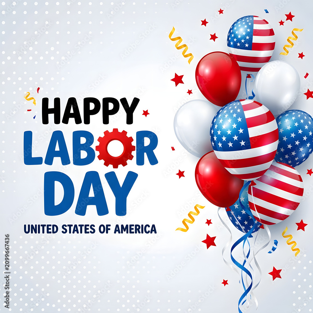 Fototapeta premium Happy Labor Day celebration in the United States with festive balloons. Patriotic red, white, and blue balloon cluster for American holiday events.
