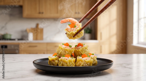 Close-Up of Shrimp Shumai with Mentai Sauce Lifted with Chopsticks in a Modern Home Kitchen