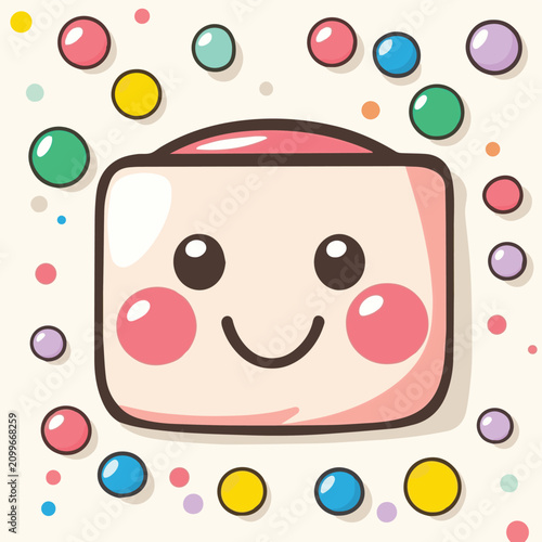 A cheerful cartoon marshmallow character surrounded by colorful candy circles, perfect for dessert themes.