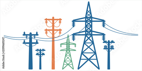 Assortment of power transmission towers and utility poles in different colors Keywords: power transmission towers, utility poles