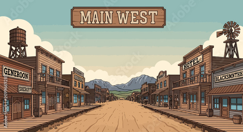 cartoon illustration of a western town.