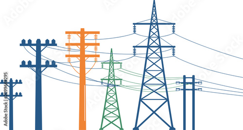 Colorful collection of power transmission towers and utility poles Keywords: power transmission towers, utility poles