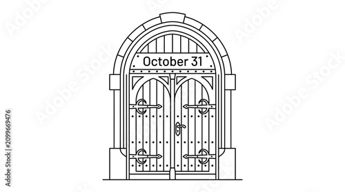Line art illustration of a gothic arched wooden door with October 31 sign.