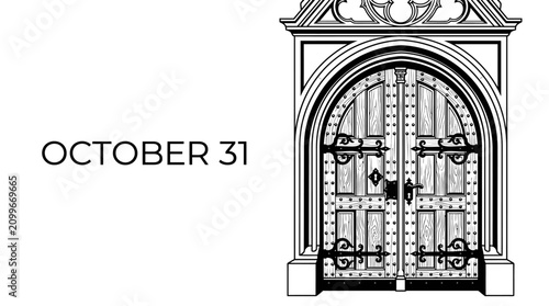 Ornate gothic church door illustration with October 31 text.
