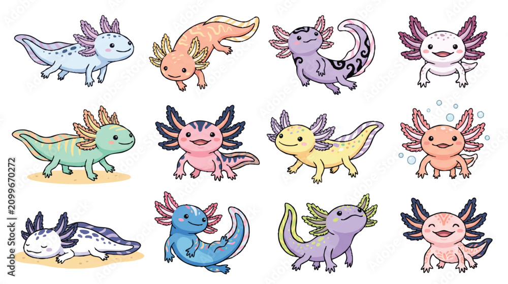Fototapeta premium Adorable Collection of Cute Axolotl Cartoon Characters in Various Poses and Colors, Perfect for Whimsical Designs and Children's Illustrations