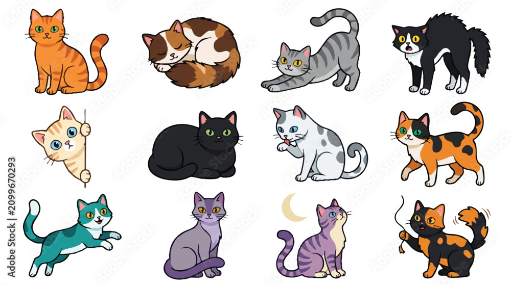 Fototapeta premium Cute Cartoon Cats Sticker Set with Various Breeds and Poses