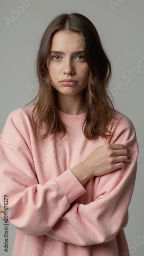 A young woman with long brown hair wearing a pink sweater stands against a neutral gray background, looking thoughtfully at the camera. Studio shot with natural lighting.