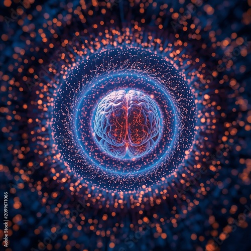 Glowing human brain in futuristic neural network digital data wave representing artificial intelligence concept