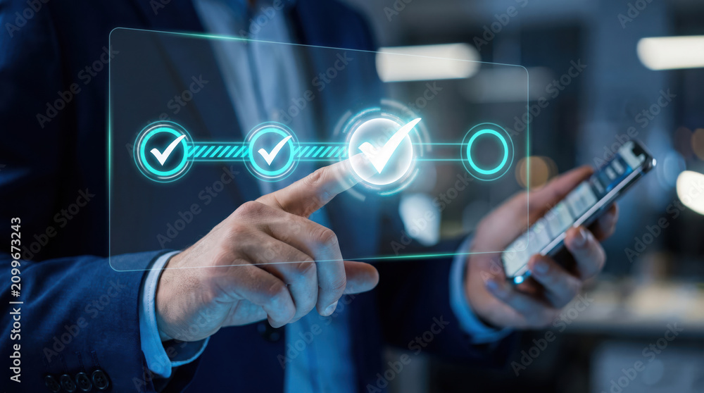 Fototapeta premium Professional interacting with a virtual checklist confirming successful project completion via holographic display