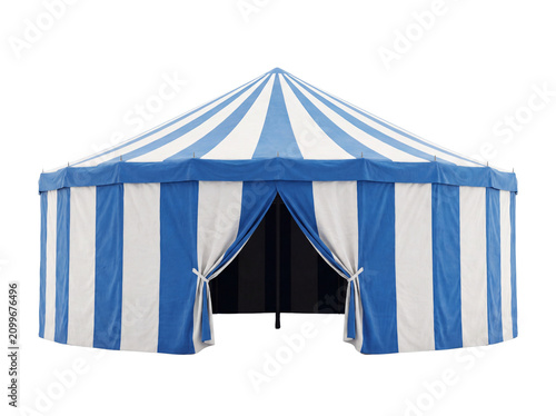 Blue and white striped circus tent with draped entrance 3d rendering on transparent background