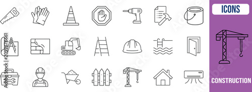 Building construction and renovation icons. hard hat icon set, drill icon set, excavator icon set
